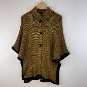 Peru Peruvian Alpaca Wool Yellow Black Button Up Capelet Poncho Size L